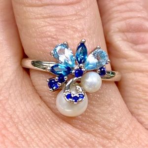 925 Sterling Silver Pearl Sapphire Sky & London Blue Topaz Cocktail Ring